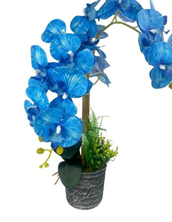 Yapay Çiçek 2li Mavi Islak Orkide Seramik Saksıda Orkide 60cm