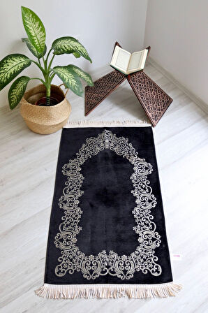 Çiçek Desenli Lüks Şönil Seccade S1007 Siyah