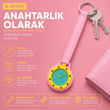 D-SPORT Boyol Pop Çanta Süsü Anahtarlık Saat Premium Deri Askılı Dekoratif Aksesuar
