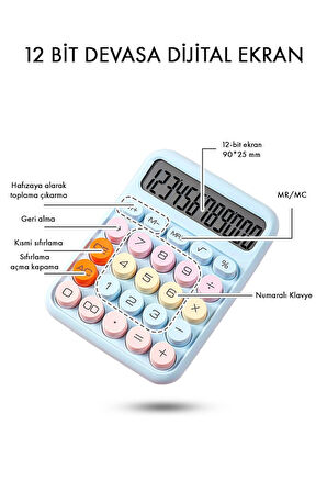  Renkli Hesap Makinesi - 12 Haneli Yuvarlak Tuşlu Mavi Renk Hesap Makinesi - 4 Fonksiyonlu
