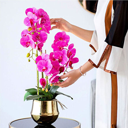 4lü Set Yapay Çiçek Fuşya Islak Orkide ve 2 Adet Orkide Yaprağı Gerçeksi Doku Uzun Dal 90cm