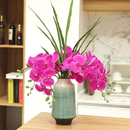 4lü Set Yapay Çiçek Fuşya Islak Orkide ve 2 Adet Orkide Yaprağı Gerçeksi Doku Uzun Dal 90cm