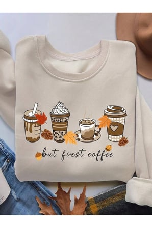 Unisex Butcoffee Baskılı Bisiklet Yaka Sweatshirt