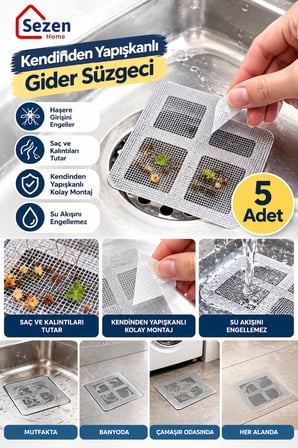 5 Adet Kendinden Yapışkanlı Gider Süzgeci - Lavabo ve Duş İçin Saç Tutucu Filtre
