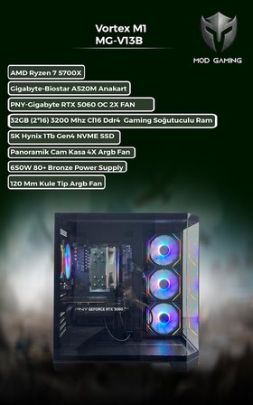VORTEX MG-V13B AMD Ryzen 5700X | 32Gb RAM | RTX 5060 | 1TB SSD | Oyuncu OEM PAKET |