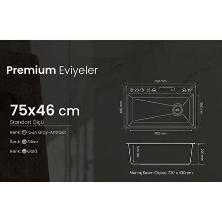 GL General GLPR 7546 Dijital Premium Antrasit Akıllı Şelale Eviye 75x45