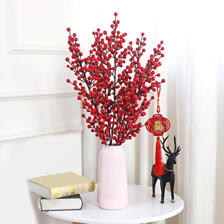 Yapay Çiçek Kokina Uzun Dal 63cm Yılbaşı Çiçeği Red Berry