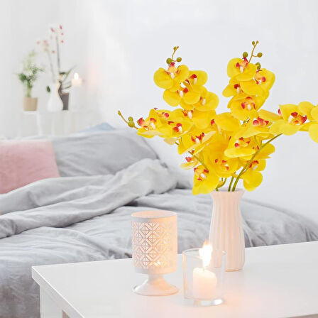4lü Set Yapay Çiçek Sarı Islak Orkide ve 2 Adet Orkide Yaprağı Gerçeksi Doku Uzun Dal 90cm