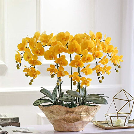 4lü Set Yapay Çiçek Sarı Islak Orkide ve 2 Adet Orkide Yaprağı Gerçeksi Doku Uzun Dal 90cm
