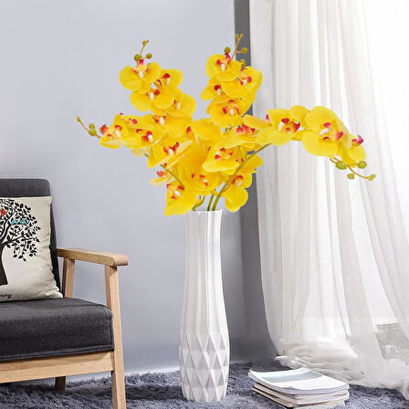 4lü Set Yapay Çiçek Sarı Islak Orkide ve 2 Adet Orkide Yaprağı Gerçeksi Doku Uzun Dal 90cm