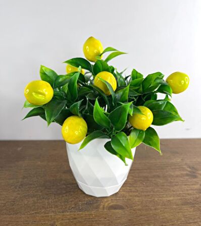 Yapay Çiçek Beyaz Saksıda Limon Demeti Dekoratif Masa Çiçeği 