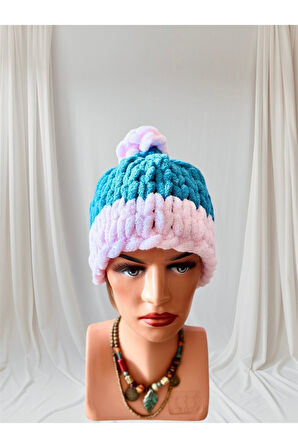 El yapımı puffy ponponlu örgü bere, polar bere Pembe / Standart