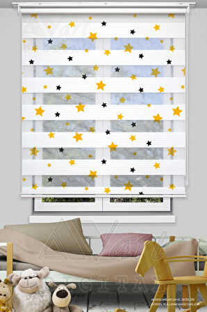 Sarı Siyah Yıldız Baskılı Çocuk Odası Perdesi - Dijital Baskılı Zebra Stor Perde