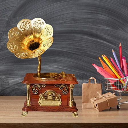 Gramofon Müzik Kutusu Kahverengi 13x26cm