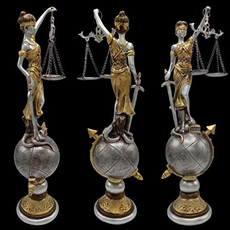 Themis Adalet Terazisi Heykeli ve Dünya Biblo Gümüş 37cm