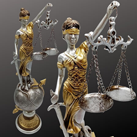 Themis Adalet Terazisi Heykeli ve Dünya Biblo Gümüş 37cm