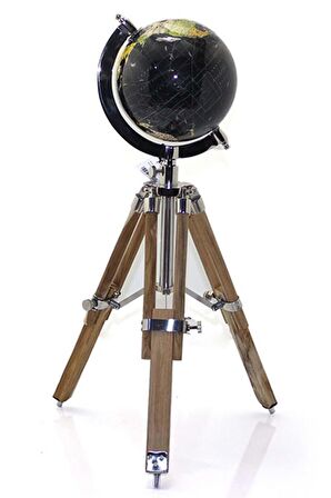 Ahşap Tripod Standlı Dünya Küre Zemin Dekoru Döner Dünya Küre Modern Harita Atlas 58cm Siyah