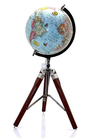 Ahşap Tripod Standlı Dünya Küre Zemin Dekoru Döner Dünya Küre Modern Harita Atlas 53cm Mavi