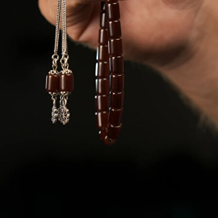 925 Ayar Gümüş Püskül Sıkma Kehribar Bordo Tesbih