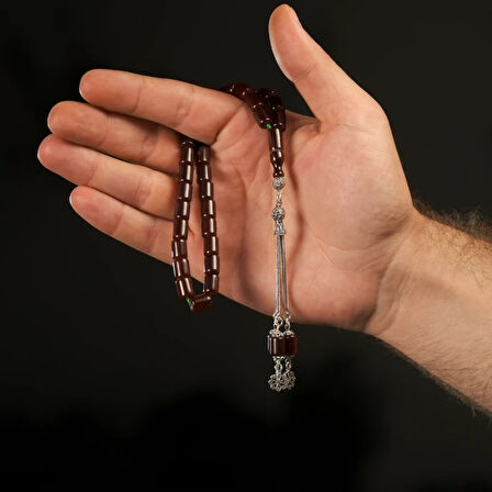 925 Ayar Gümüş Püskül Sıkma Kehribar Bordo Tesbih