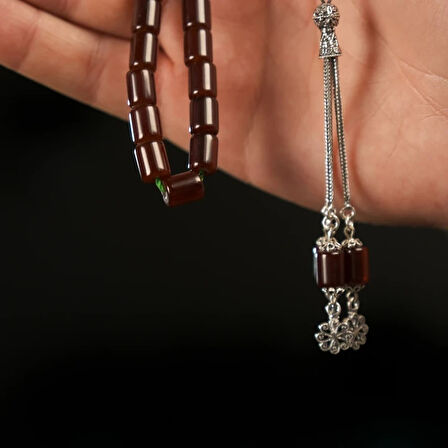 925 Ayar Gümüş Püskül Sıkma Kehribar Bordo Tesbih