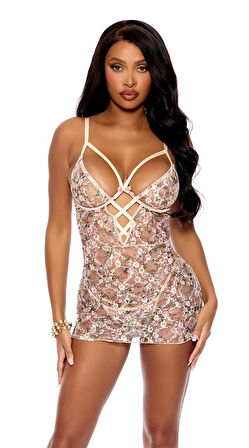 Amora Secret Çiçek Desenli İp Detaylı Tül Fantezi Gecelik