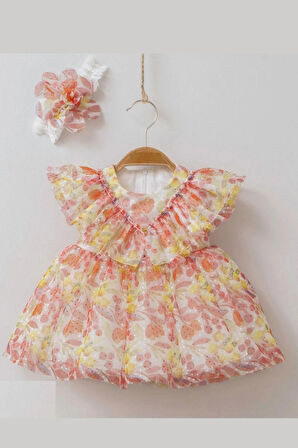 Kız Bebek Tül Baskılı Saç Bantlı Elbise