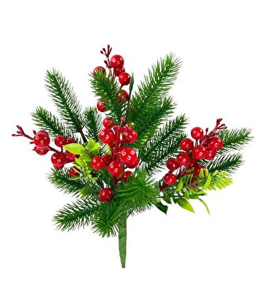 Yapay Çiçek Çam Dallı Kokina 9 Dal lı Demet 25*30cm Yılbaşı Çiçeği Red Berry