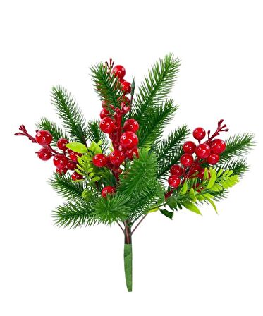 Yapay Çiçek Çam Dallı Kokina 9 Dal lı Demet 25*30cm Yılbaşı Çiçeği Red Berry