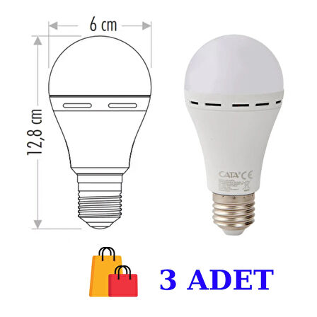 Cata -4229 Şarjlı LED Ampul 9 W Orijinal Beyaz Işık 3 Adet