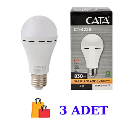 Cata -4229 Şarjlı LED Ampul 9 W Orijinal Beyaz Işık 3 Adet