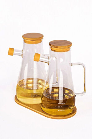 Borosilikat 2 Li Bambu Standlı Yağlık Sirkelik Set 900 Ml