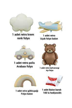 retro polis arabası uçak bulut gökkuşuğı ayı folyo set