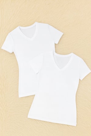 Kadın Modal Pamuklu Likralı Yarım Kol V Yaka 2'li Atlet T-shirt Q6K6K1T6KA