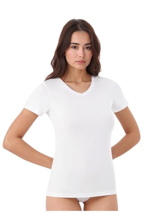 Kadın Modal Pamuklu Likralı Yarım Kol V Yaka 2'li Atlet T-shirt Q6K6K1T6KA