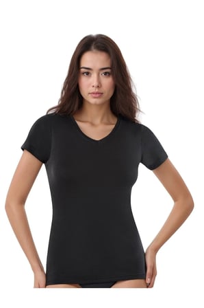 Kadın Modal Pamuklu Likralı Yarım Kol V Yaka 2'li Atlet T-shirt Q6K6K1T6KA