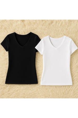 Kadın Modal Pamuklu Likralı Yarım Kol V Yaka 2'li Atlet T-shirt Q6K6K1T6KA