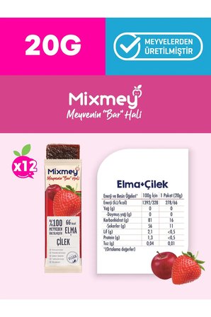Mixmey Çilek Meyve Bar 12 Adet | Vegan, Glutensiz Atıştırmalık - 20Gr X 12 Adet