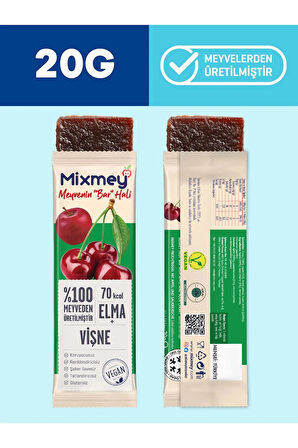 Mixmey Vişne Meyve Bar 12 Adet | Vegan, Glutensiz Sağlıklı Atıştırmalık - 20gr X 12 Adet