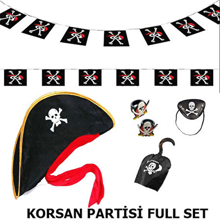 samur parti parti aksesuar & kostüm Çocuk Korsan Şapkası + Kancası + Göz Bandı + 2 Adet Yüzük + Afiş Seti
