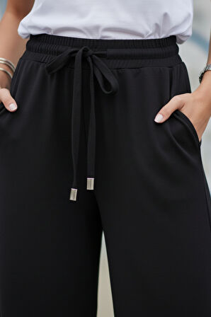 Kadın Siyah Bol Paça Yüksek Bel Bağcıklı Geniş Paça Rahat Kesim Pantolon - Kadın Eşofman Altı 