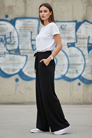 Kadın Siyah Bol Paça Yüksek Bel Bağcıklı Geniş Paça Rahat Kesim Pantolon - Kadın Eşofman Altı 