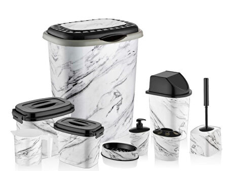 Omnipazar OZR-D053 X128 Beyaz Mermer Desenli 9 Parça Plastik Banyo Seti