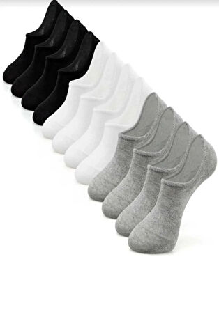 12 Çift Siyah Beyaz Gri Unisex Pamuklu Babet Çorap