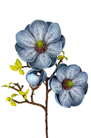 Yapay Çiçek Eva Mavi Manolya 2 Çiçek 1 Tomurcuk Uzun Dal Çiçek Flowers 55cm Gerçeksi Doku