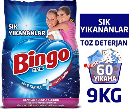 Bingo Matik Toz Çamaşır Deterjanı Sık Yıkananlar Beyazlar ve Renkliler 120 Yıkama 2 x 9 kg