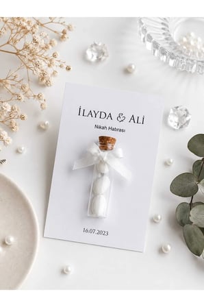 10 Adet Özel İsim Kartlı Hediyelik Cam Şişe Nikah Şekeri | Badem Şekerli Nikah Hediyeliği ( DÜĞÜN-NİKAH-NİŞAN-SÖZ-KINA-HEDİYELİK )