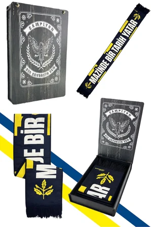Fenerbahçe Sarı Lacivert Palamutlu Unisex Dokuma Atkı Lazer Kutu Hediyeli