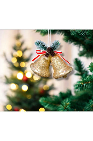 Yılbaşı Süsü Kozalaklı Simli Çan Şampanya 10 cm