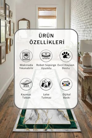 Zümrüt Yeşil Dijital Baskılı Kaymaz Yıkanabilir Yolluk - Leke Tutmaz Yeşil Zümrüt